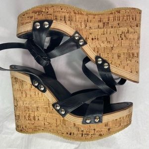 Miu Miu Cork Wedge Sandals Black Leather